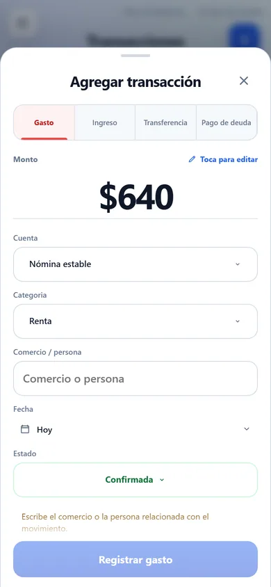 Captura rápida de un gasto de $640 en Supermercado, con el historial de movimientos debajo.